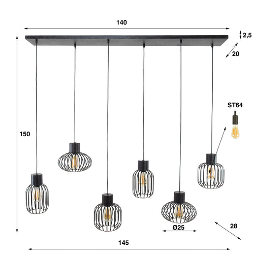 Giga Meubel Hanglamp Mix - Zwart Metaal - 6-Lichts - 150x145x28cm - vtwonen shop