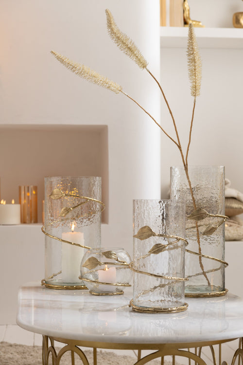 J-Line vaas Blad Schaal -  glas/ijzer -transparant/goud - Ø 10 cm