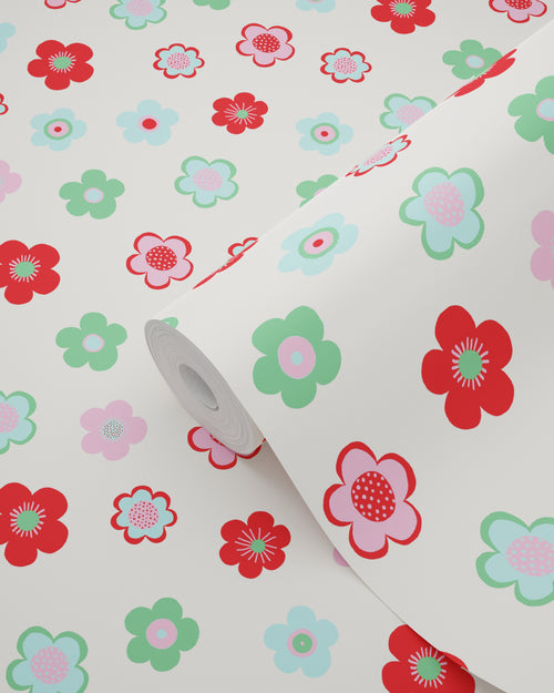 ESTAhome behang vintage bloemetjes lichtblauw, groen en rood - 53 cm x 10.05 m - 138726