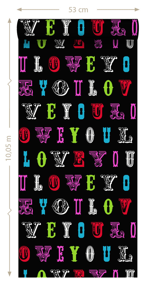 ESTAhome behang love you - quotes multicolor op zwart - 53 cm x 10.05 m - 136839