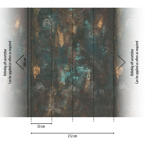 Livingwalls fotobehang stenen muur zwart, goud en turquoise - 212 x 280 cm - AS-392321
