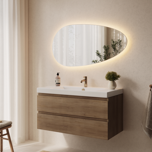LOMAZOO badkamerspiegel Adana - organisch - met LED verlichting & spiegelverwarming - asymmetrisch - 100 x 50.8 cm