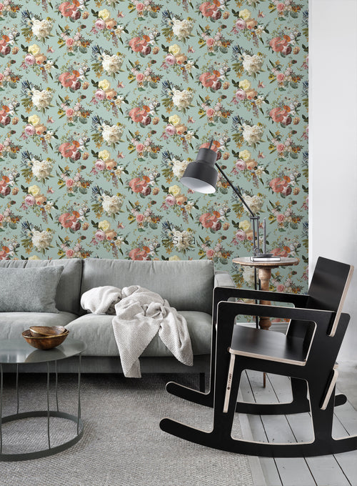 ESTAhome behang vintage bloemen vergrijsd groen - 53 cm x 10.05 m - 139366