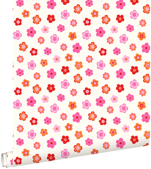 ESTAhome behang vintage bloemetjes roze, koraal rood en oranje - 53 cm x 10.05 m - 138725