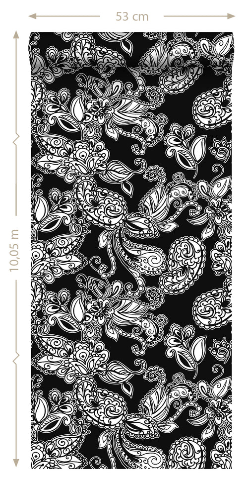 ESTAhome behang funky bloemen en paisleys zwart en wit - 53 cm x 10.05 m - 136844