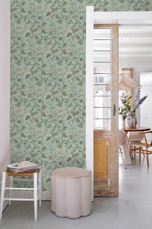 ESTAhome behang vintage bloemen celadon groen - 53 cm x 10.05 m - 139413