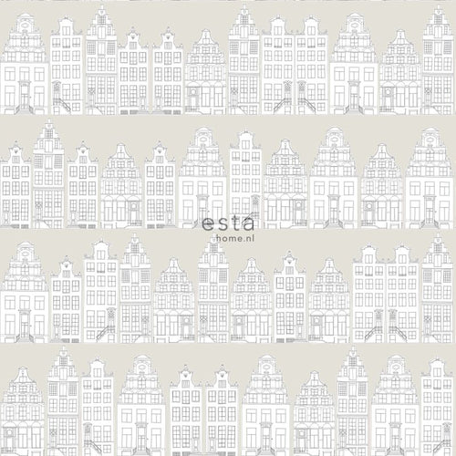 ESTAhome behang getekende Amsterdamse grachtenhuisjes lichtgrijs - 53 cm x 10.05 m - 138909