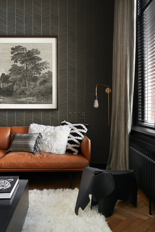 ESTAhome behang visgraat-motief zwart en goud - 53 cm x 10.05 m - 139136