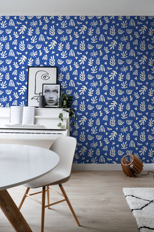 ESTAhome behang planten in Matisse stijl blauw en wit - 50 x 900 cm - 131020