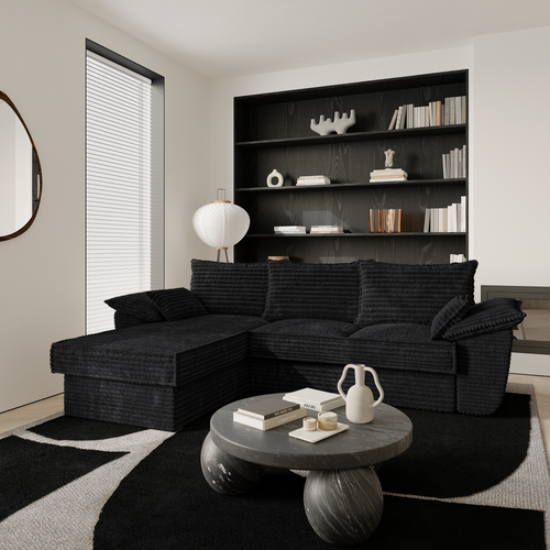 Sia Home - Hoekbanken links SASHA - XXL ribfluweel - Zwart - 257cm - vtwonen shop