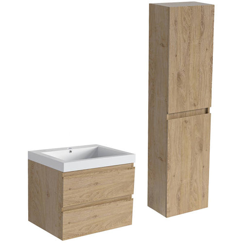 LOMAZOO badmeubelset Avalon - met hoge kast & witte wastafel - licht eiken - 60 cm