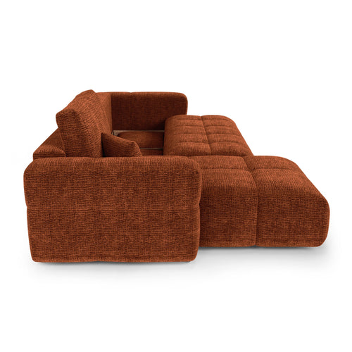 Premium Interiors - Linkshoekbank met slaapfunctie en opbergruimte VIBE - zacht aanvoelende geweven stof terracotta 286cm