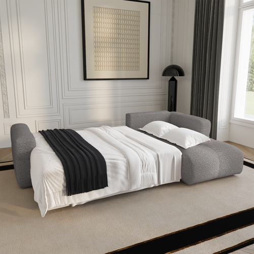 Premium Interiors - Rechthoekige hoekbank met slaapfunctie en opbergruimte VIBE - bouclé-stof lichtgrijs 286cm