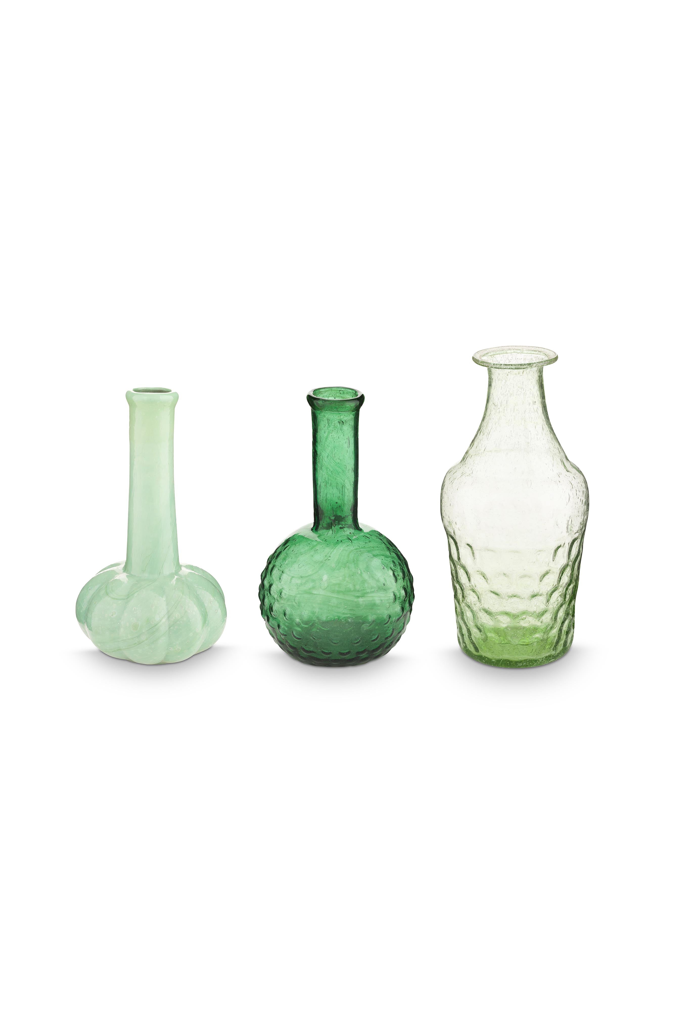 Set van 3 decoratieve glazen vazen in flesvorm in de kleuren groen, donkergroen en licht Set van 3 decoratieve glazen vazen in flesvorm in de kleuren groen, donkergroen en licht