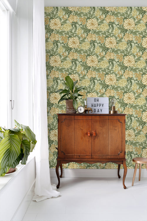 ESTAhome behang vintage bloemen groen en okergeel - 53 cm x 10.05 m - 139379
