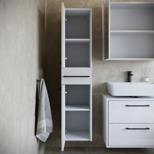 Badplaats Wastafelkast Set Florence 60 x 35 cm – Hoogglans Wit – Badmeubel met Spiegelkast en Kolomkast