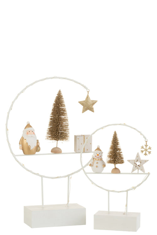 J-Line decoratie Semicirkel Op Voet + Kerstman - hout - wit/goud - LED lichtjes