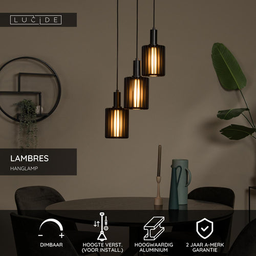 Lucide hanglamp LAMBRES - 3xE27 - Zwart