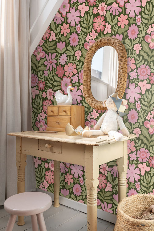 ESTAhome behang bloemetjes groen, roze en paars - 50 x 900 cm - 132293