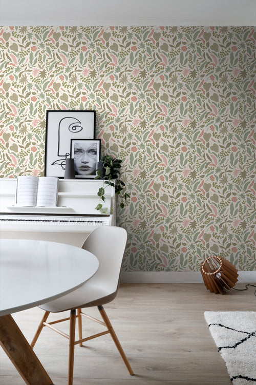 ESTAhome behang bladeren en bloemen vergrijsd groen en roze - 50 x 900 cm - 131050 - vtwonen shop