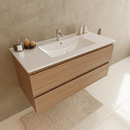 LOMAZOO badmeubelset Verona - met hoge kast & witte wastafel - licht eiken - 100 cm