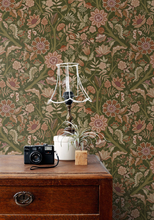 ESTAhome behang vintage bloemen donkergroen en terracotta bruin - 53 cm x 10.05 m - 131334