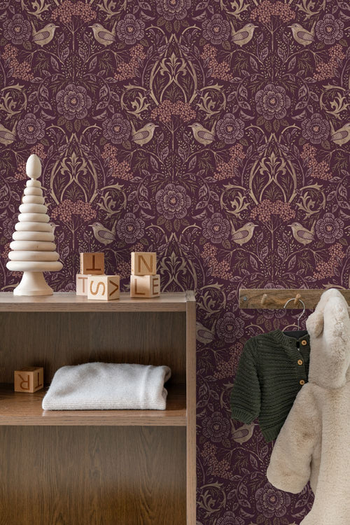 ESTAhome behang bloemen en vogels in art nouveau stijl aubergine paars - 0.53 x 10.05 m - 131635