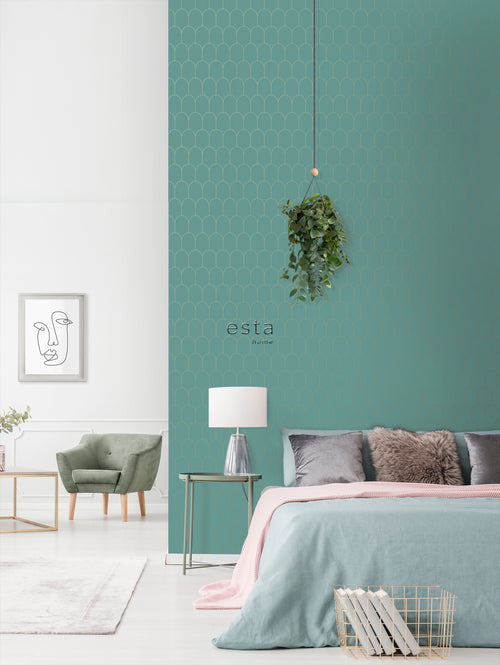 ESTAhome behang art deco motief zeegroen en goud - 53 cm x 10.05 m - 139204