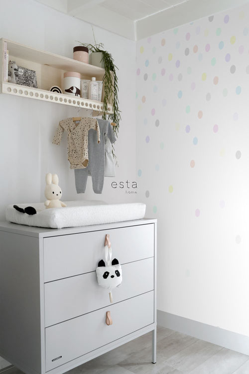 ESTAhome fotobehang vrolijke confetti stippen grijs, geel, paars, zacht roze, mintgroen, blauw en oranje - 250 x 279 cm - 158858