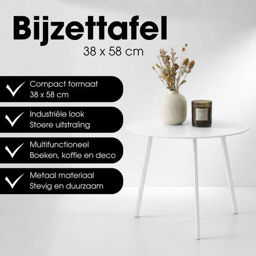 Mica Decorations Seatle Bijzettafel voor Buiten - Salontafel Rond - Plantentafel en Koffietafel - H38 x Ø58 cm - Metaal - Wit