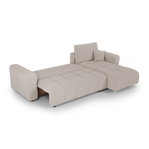 Premium Interiors - Rechthoekige hoekbank met slaapfunctie en opbergruimte VIBE - bouclé-stof beige 286cm