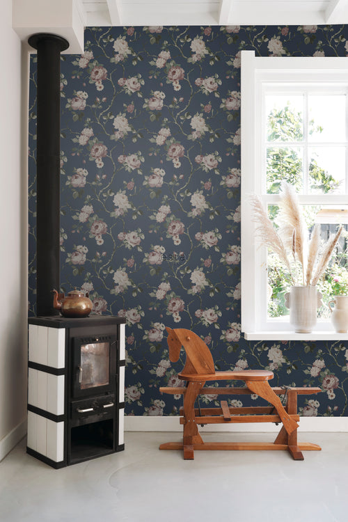 ESTAhome behang vintage bloemen donkerblauw en oudroze - 53 cm x 10.05 m - 139409