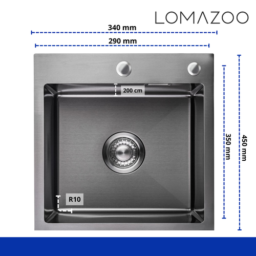 LOMAZOO spoelbak Ella - met kraangat - RVS - gun metal - 34 x 45 cm