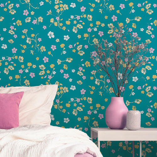 Livingwalls behang bloemmotief turquoise, geel, roze, groen en wit - 53 cm x 10.05 m - AS-389072 - vtwonen shop