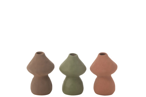 J-Line vaas Paddenstoel - porselein -  rood/groen/bruin -  small - 3 stuks - 16 cm hoog