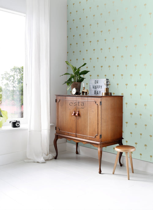 ESTAhome behang palmbomen mintgroen en goud - 53 cm x 10.05 m - 139159
