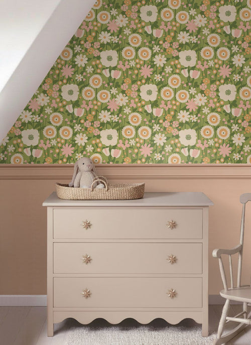 ESTAhome behang retro bloemen groen, roze en oranje - 50 x 900 cm - 132160