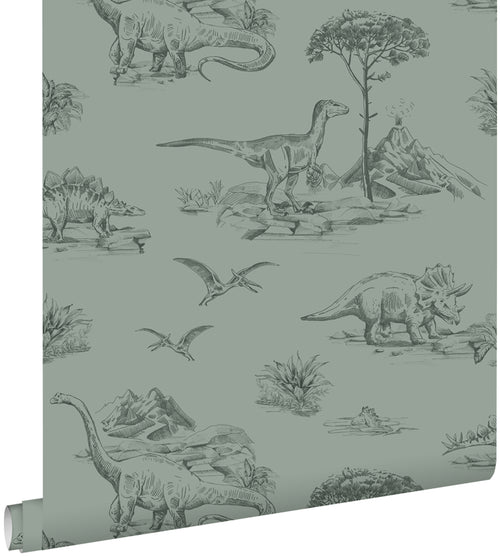 ESTAhome behang dinosaurussen vergrijsd groen - 53 cm x 10.05 m - 139358