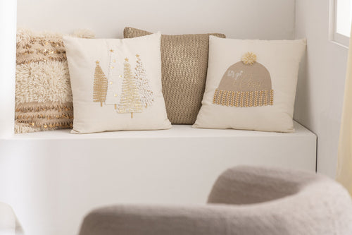 J-Line kussen Muts 'Let's Get Cozy' - katoen - wit/beige