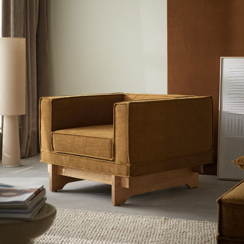 Tikamoon Eikenhouten fauteuil met okerkleurige stof - Mosterd