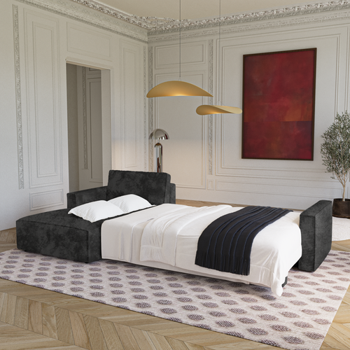 Premium Interiors - Linkshoekbank met slaapfunctie en opbergruimte  - corduroy zwart 297cm