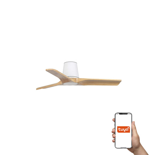 Faro Heywood Tub Kleine plafondventilator met 3 bladen, matwit, Tuya Smart System met grenenhout