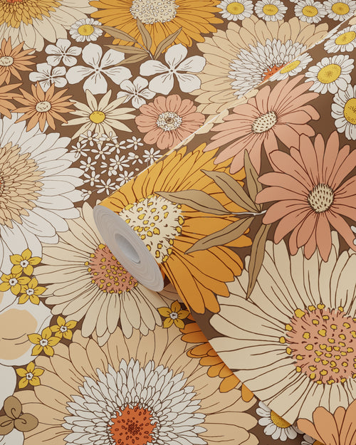 ESTAhome behang retro bloemen oranje en terracotta roze - 50 x 900 cm - 131318