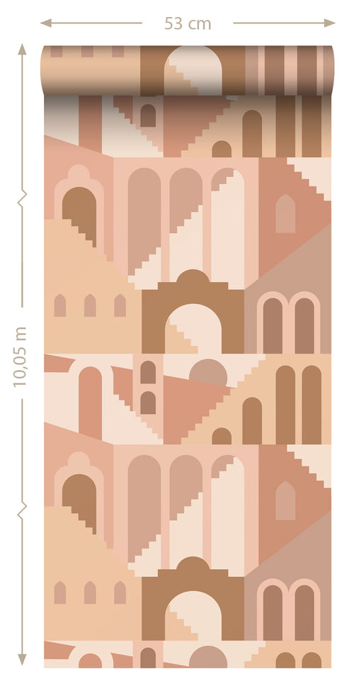 ESTAhome behang mediterrane huisjes terracotta roze - 50 x 900 cm - 139627 - vtwonen shop