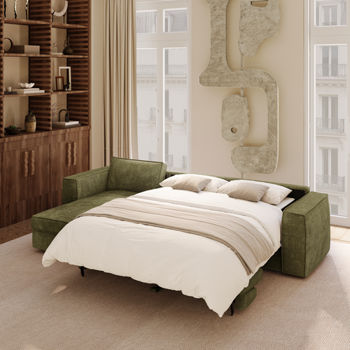 Premium Interiors - Hoekbank (links) MIKA - zacht aanvoelende geweven stof vintage groen 292cm
