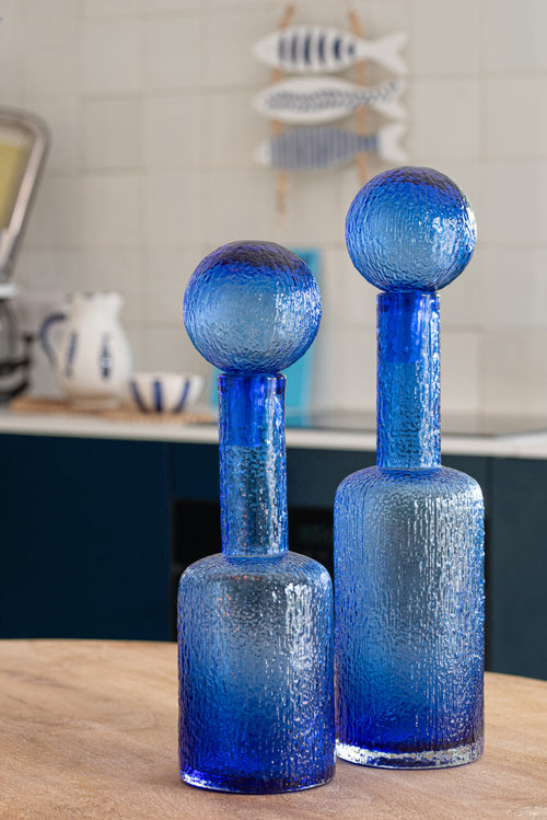 J-Line decoratie Fles Reliëf - glas - transparant/blauw - medium