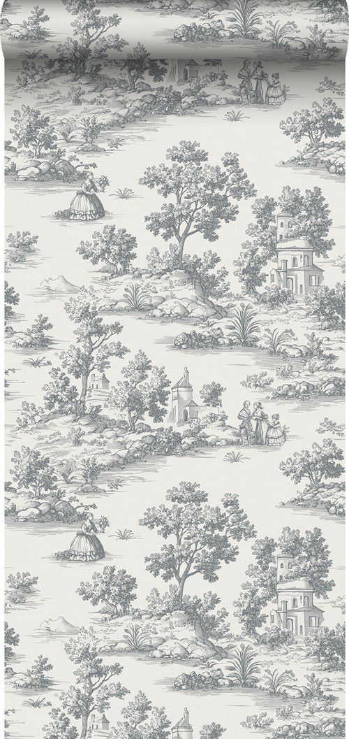 Sanders & Sanders behang toile de jouy print donkergrijs - 53 cm x 10 m - 641038