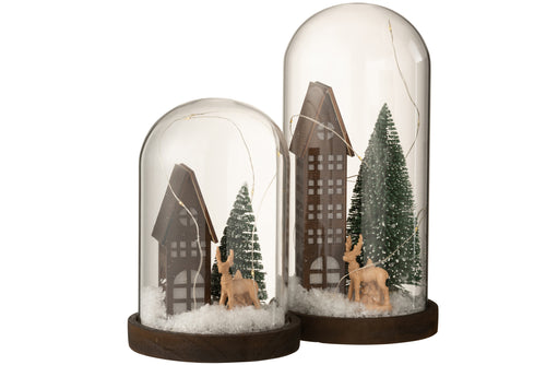 J-Line decoratie Stolp Huis Kerst - glas/hout - bruin/groen - large - LED lichtjes - vtwonen shop
