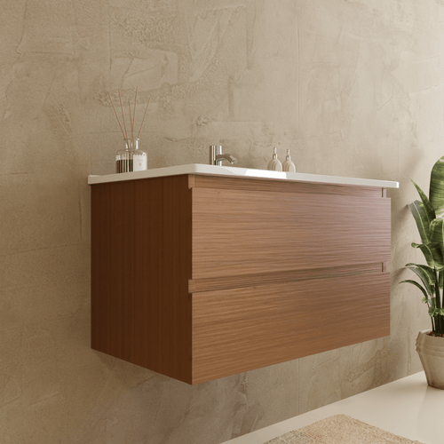 LOMAZOO badmeubelset Verona - met hoge kast & witte wastafel - warm eiken - 80 cm
