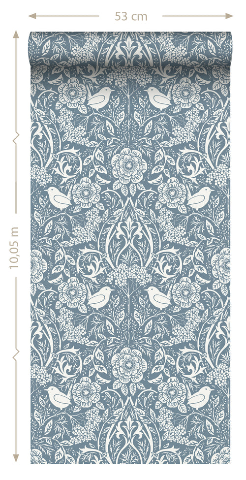 ESTAhome behang bloemen en vogels in art nouveau stijl vergrijsd blauw - 53 cm x 10.05 m - 139477